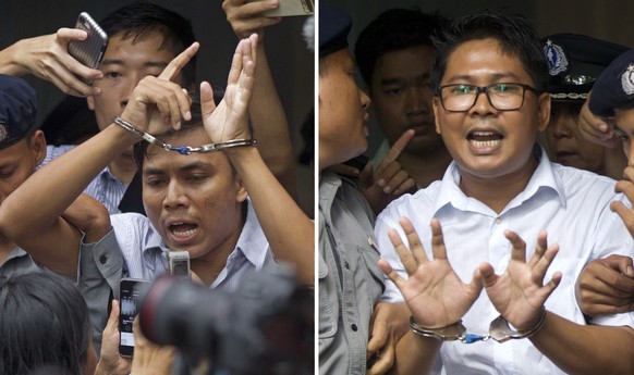 In this combination image made from two photos, Reuters journalists Kyaw Soe Oo, left, and Wa Lone, are handcuffed as they are escorted by police out of the court Monday, Sept. 3, 2018, in Yangon, Mya ...