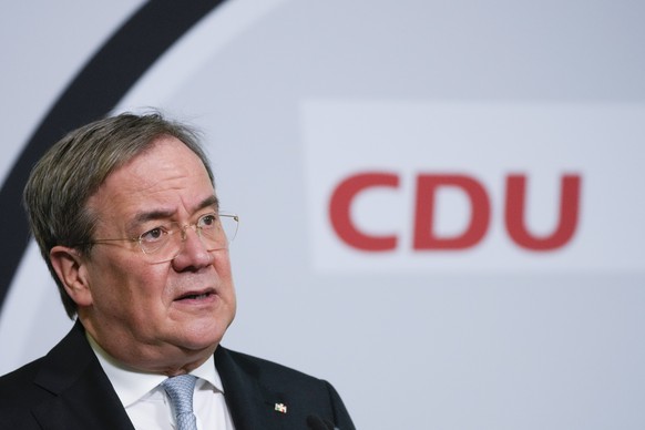 German Christian Democratic Union party chairman Armin Laschet speaks during a statement at the party&#039;s headquarters in Berlin, Germany, Friday, May 28, 2021. Laschet makes a comment of the annou ...