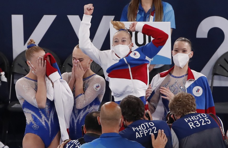 epa09370753 Gymnasts of Russia react during the Artistic Gymnastics Women Final of the Tokyo 2020 Olympic Games at the Ariake Gy?mnas?tics Centre in Tokyo, Japan, 27 July 2021 EPA/TATYANA ZENKOVICH