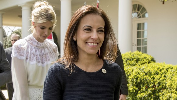 FILE - In this April 5, 2017 file photo, then White House Senior Counselor for Economic Initiatives Dina Powell, followed by Ivanka Trump, leaves a news conference in the Rose Garden at the White Hous ...