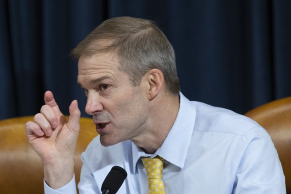 epa07993905 Republican Representative from Ohio Jim Jordan speaks during the House Permanent Select Committee on Intelligence hearing on the impeachment inquiry into US President Donald J. Trump, on C ...