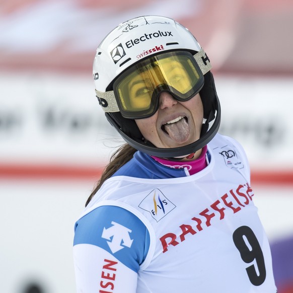 epa06475605 Wendy Holdener of Switzerland reacts in the finish area during the Slalom run of the women&#039;s Alpine Combined race at the Alpine Skiing FIS Ski World Cup in Lenzerheide, Switzerland, 2 ...