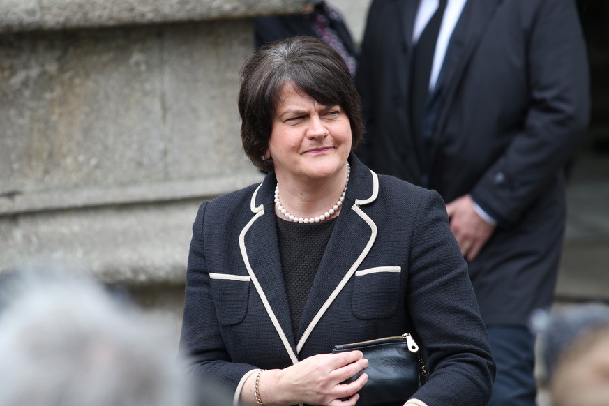 epa08585030 First Minister for Northern Ireland, Arlene Foster, MLA, attends the funeral of John Hume at St Eugene&#039;s Cathedral in Londonderry, Northern Ireland, Britain, 05 August 2020. Former SD ...