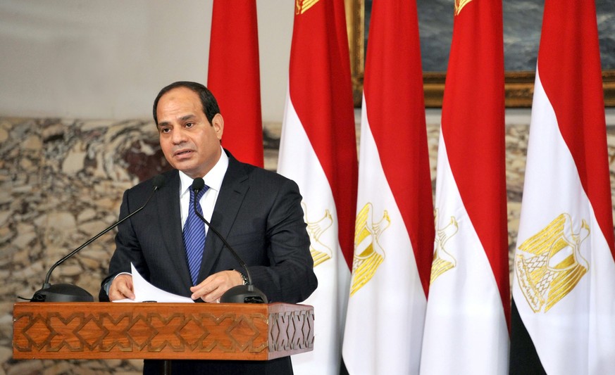 epa04245126 A handout photograph made available by the Egyptian Presidency shows President elect Abdel Fattah al-Sissi delivering a speech after signing the handing over of power document, inside the  ...