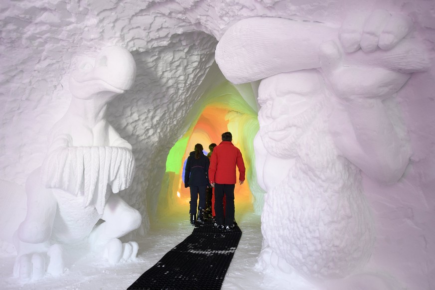 epa06403897 Visitors look at ice sculptures of dinosaurs and other prehistoric animals on display in an artificial cave measuring more than 30 metres long and 15 metres wide and made with 1,200 m3 of  ...