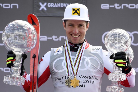 epa07805011 (FILE) - Marcel Hirscher of Austria poses with his Overall Globe and Globes in other events at the FIS Alpine Skiing World Cup finals in Soldeu-El Tarter, Andorra, 17 March 2019. According ...