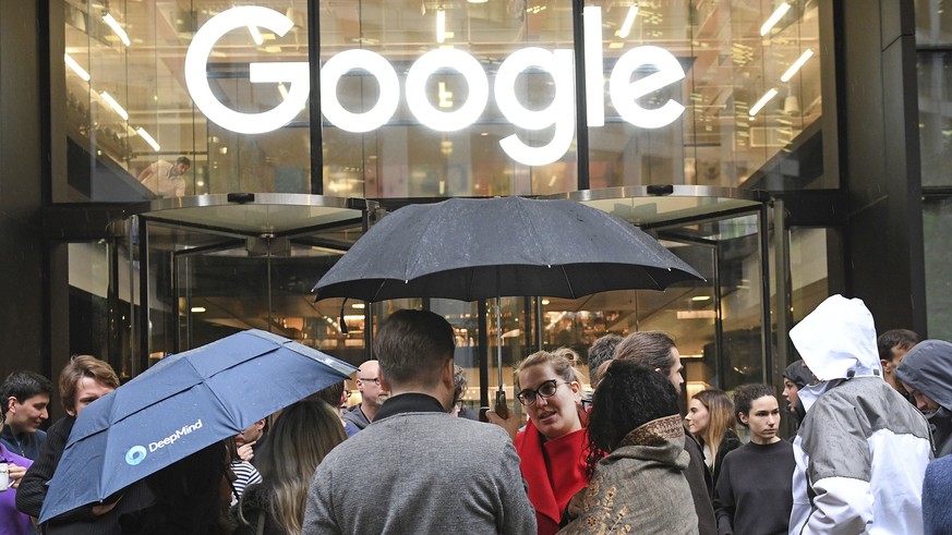 People outside the Google offices in Granary Sqaure, London, Thursday Nov. 1, 2018. Hundreds of Google engineers and other workers walked off the job Thursday morning to protest the internet company’s ...