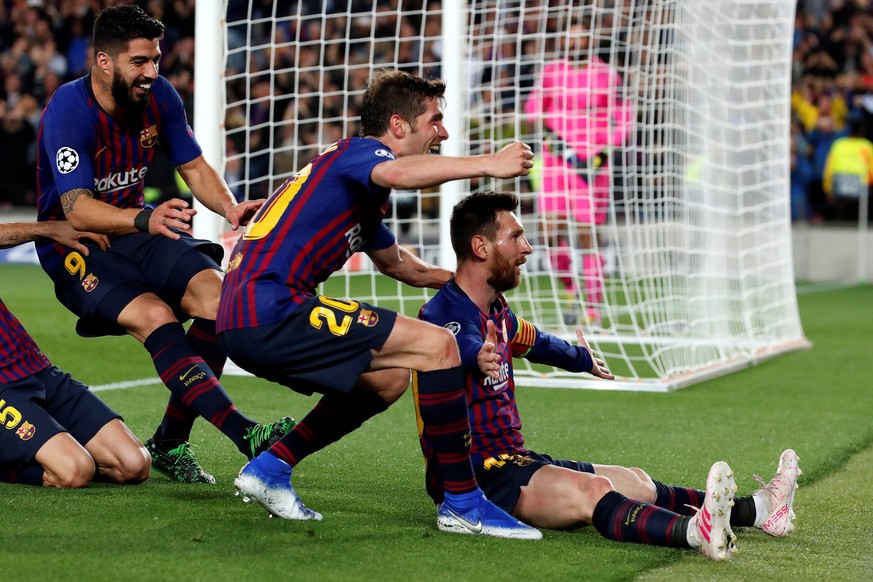 epa07541381 Barcelona&#039;s forward Leo Messi jubilates after scoring a goal during the UEFA Champions League first leg semifinal match between FC Barcelona and Liverpool in Barcelona, Catalonia, Spa ...