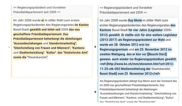 Die Wikipedia-Seite von Guy Morin vor (links) und nach (rechts) der Behandlung durch einen seiner Mitarbeiter.