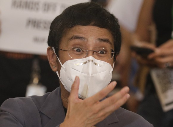 Rappler CEO and Executive Editor Maria Ressa gestures during a press conference in Manila, Philippines on Monday June 15, 2020. Ressa, an award-winning journalist critical of the Philippine president, ...