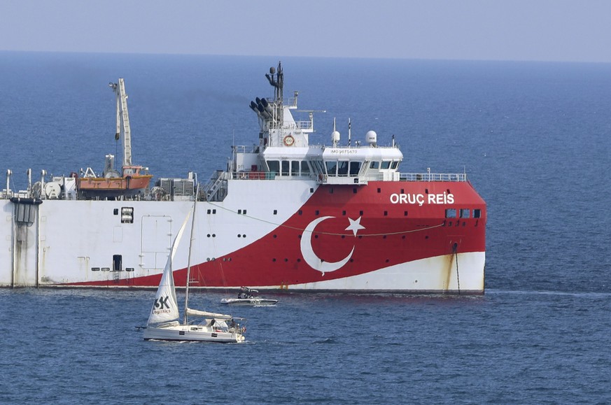 FILE - In this Sunday, Sept. 13, 2020 file photo, Turkey&#039;s research vessel, Oruc Reis anchored off the coast of Antalya on the Mediterranean, Turkey. Greece accused neighbor Turkey of undermining ...