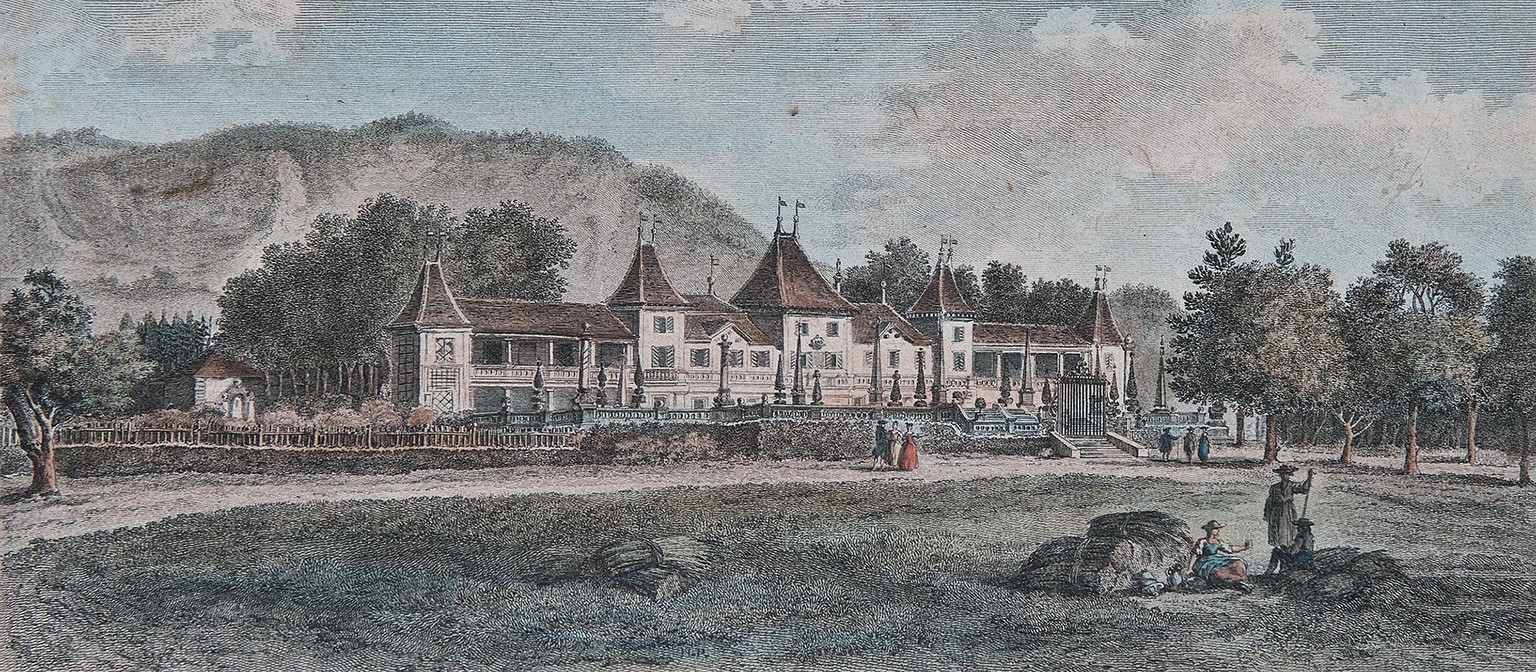 Schloss Waldegg, kolorierter Kupferstich von Louis-Joseph Masquelier nach einer Zeichnung von Nicolas Pérignon, um 1780.