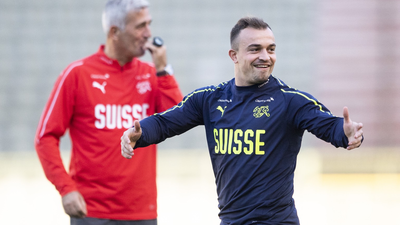 Switzerland&#039;s Xherdan Shaqiri reacts during a training session the day before the UEFA Nations League soccer match between Belgium and Switzerland, at the King Baudouin Stadium, Brussels, on Thur ...