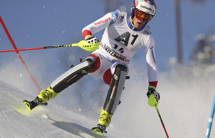 Switzerland&#039;s Daniel Yule speeds down the course during an alpine ski, men&#039;s World Cup slalom, in Kitzbuehel, Austria, Sunday, Jan. 22, 2017. (AP Photo/Shinichiro Tanaka)