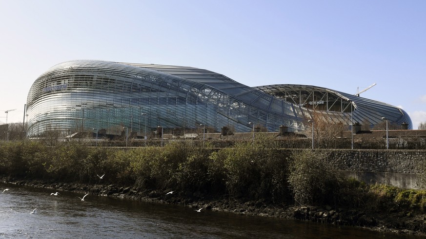epa09154582 (FILE) - Exterior view of the Aviva stadium in Dublin Ireland, 09 April 2021 (reissued 23 April 2021). The UEFA announced on 23 April 2021 that the three UEFA EURO 2020 Group E matches ini ...