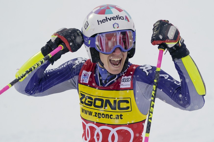 Italy&#039;s Marta Bassino celebrates winning an alpine ski, women&#039;s World Cup giant slalom in Courchevel, France, Saturday, Dec. 12, 2020. (AP Photo/Giovanni Auletta)
