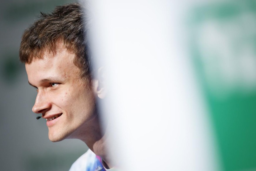 Russian-Canadian programmer Vitalik Buterin, founder and inventor of the Ethereum mining network and software development platform, along with the associated Ether (ETH) cryptocurrency, speaks at a bl ...