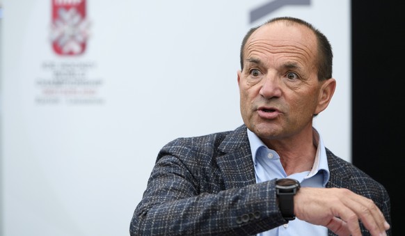 Gian Gilli, CEO of the 2020 IIHF Ice Hockey World Championship speaks during a press conference of the Organizing Committee 2020 IIHF Ice Hockey World Championship at the Ice stadium Malley 2.0, in La ...