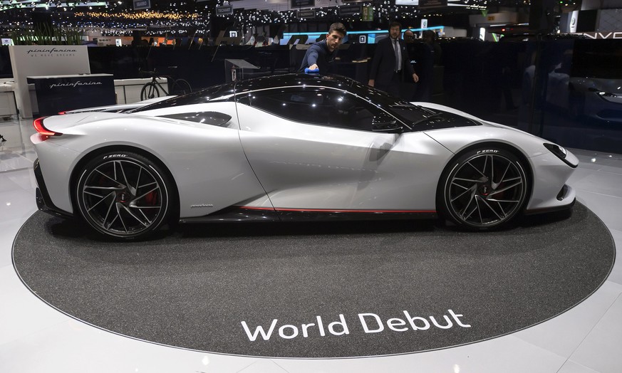 epa07415568 The Automobili Pininfarina Battista, said to be the most powerfull fully electric hyper car, is presented during the first media day at the 89th Geneva International Motor Show in Geneva,  ...