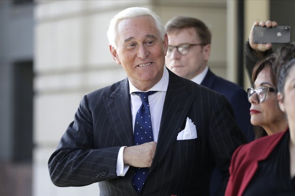 FILE - In this Nov. 15, 2019, file photo Roger Stone exits federal court in Washington. A federal prosecutor is prepared to tell Congress on Wednesday, June 24, 2020, that Stone, a close ally of Presi ...