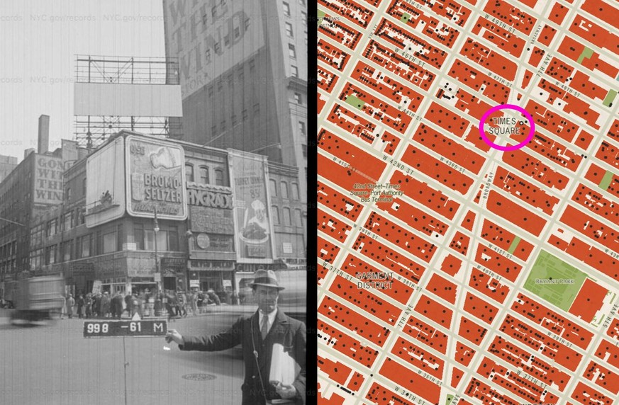 Timesquare in den 1940er Jahren über die Plattform 1940s.nyc, welches unzählige Fotos der damaligen Zeit beinhaltet.