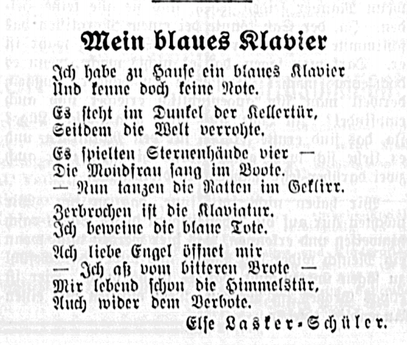 Mein blaues Klavier von Else Lakser-Schüler, veröffentlicht in der NZZ am 7. Februar 1937