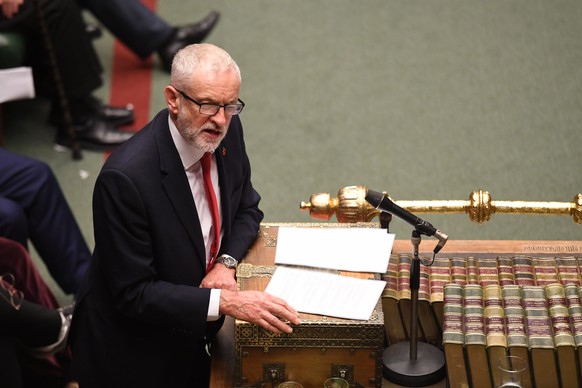epa07958513 A handout photo made available by the UK Parliament shows the Labour Leader Jeremy Corbyn speaks during a debate of the Early Parliamentary General Election Bill in during an election deba ...