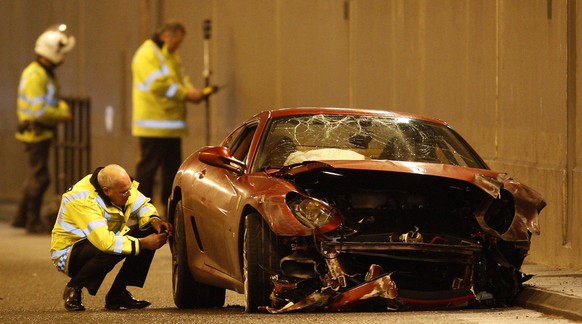 A crashed Ferrari car allegedly driven by Manchester United soccer player Cristiano Ronaldo is seen in a tunnel near Manchester Airport, Manchester, England, Thursday Jan. 8, 2009. Manchester United s ...