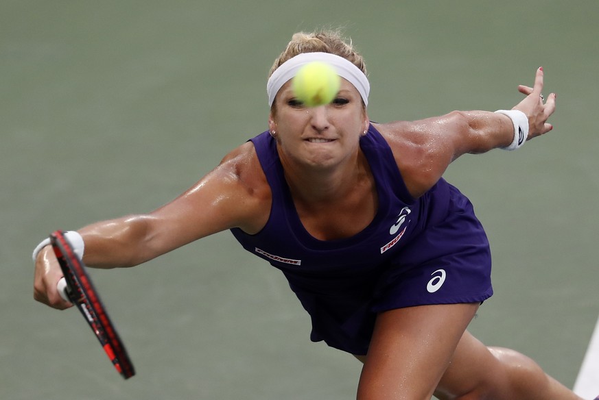 Timea Bacsinszky, of Switzerland, returns a shot to Varvara Lepchenko, of the United States, during the second round of the U.S. Open tennis tournament, Thursday, Sept. 1, 2016, in New York. (AP Photo ...