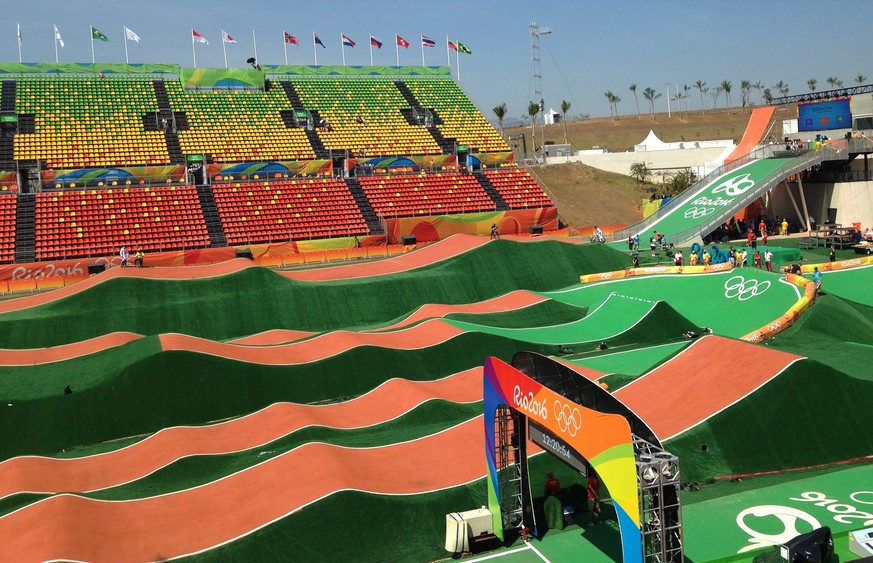 The turns at the BMX cycling track for the Summer Olympics are painted a bright green in Rio de Janeiro, Brazil, Monday, Aug. 15, 2016. It&#039;s an unusual color for turns on a course, which are typi ...