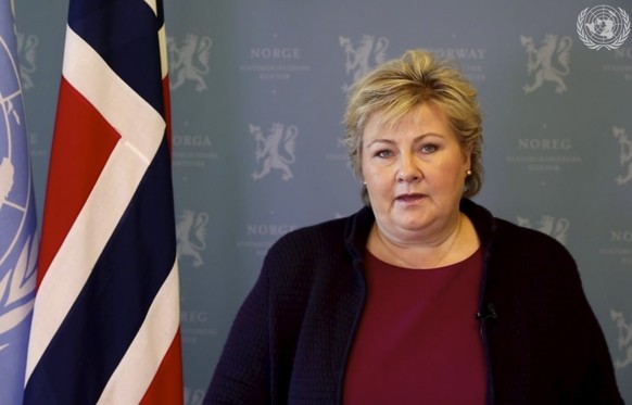 In this image made from UNTV video, Erna Solberg, Prime Minister, Norway, speaks in a pre-recorded message which was played during the 75th session of the United Nations General Assembly, Saturday, Se ...