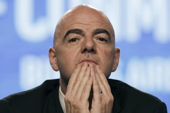 FILE - In this April 12, 2018 file photo, FIFA President Gianni Infantino participates in the annual conference of the South American Football Confederation, CONMEBOL, in Buenos Aires, Argentina. Infa ...