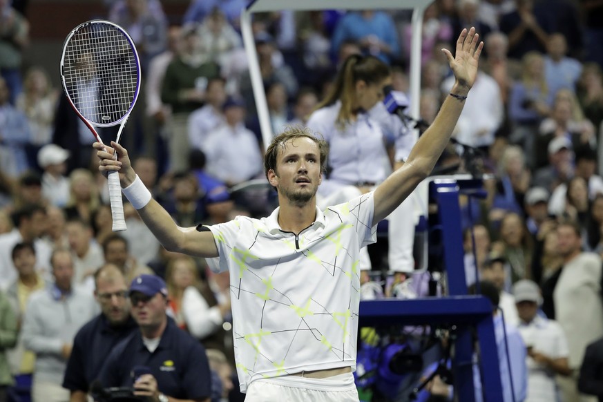 Daniil Medvedev, of Russia, reacts after defeating Grigor Dimitrov, of Bulgaria, during the men&#039;s singles semifinals of the U.S. Open tennis championships Friday, Sept. 6, 2019, in New York. (AP  ...