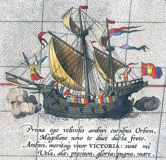 Magellans Schiff Victoria, Detail aus einer Weltkarte des Abraham Ortelius.