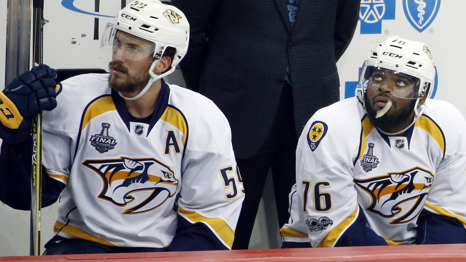 Nashville Predators&#039; Roman Josi, left, P.K. Subban, center, and Mattias Ekholm, right, sit on the bench during the third period in Game 5 of the team&#039;s NHL hockey Stanley Cup Final against t ...