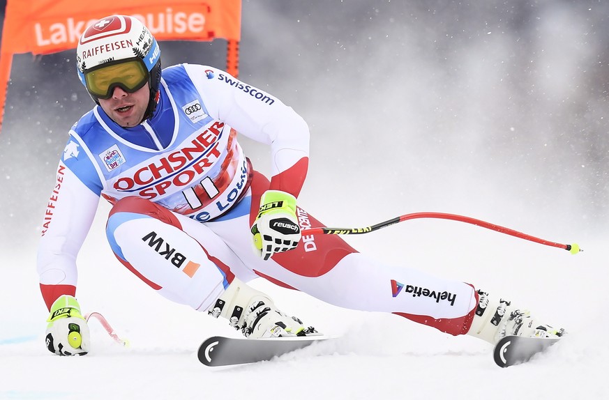 Beat Feuz of Switzerland heads down the course during a training run for the men&#039;s World Cup downhill ski race in Lake Louise, Alberta, Canada on Friday, Nov. 24, 2017. (Frank Gunn/The Canadian P ...