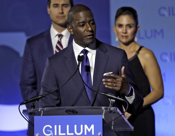 Florida Democratic gubernatorial candidate Andrew Gillum gives his concession speech Tuesday, Nov. 6, 2018, in Tallahassee, Fla. Gillum lost to Republican former U.S. Rep. Ron DeSantis. (AP Photo/Chri ...