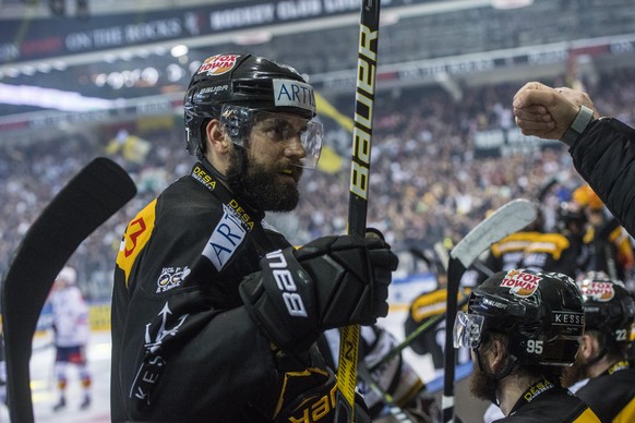 Lugano’s player Philippe Furrer celebrates the 3-0, during the fifth match of the playoff final of the National League of the ice hockey Swiss Championship between the HC Lugano and the ZSC Lions, at  ...