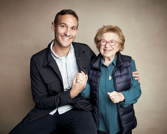Director Ryan White, left, and Ruth Westheimer pose for a portrait to promote the film &quot;Ask Dr. Ruth&quot; at the Salesforce Music Lodge during the Sundance Film Festival on Saturday, Jan. 26, 20 ...