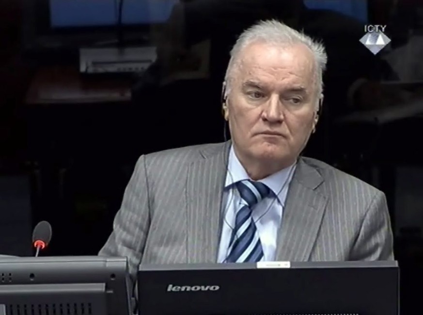 epa04045641 A handout videostill provided by ICTY shows former Bosnian Serb military commander Ratko Mladic in the court of the UN Tribunal for former Yugoslavia (ICTY), in The Hague, the Netherlands, ...
