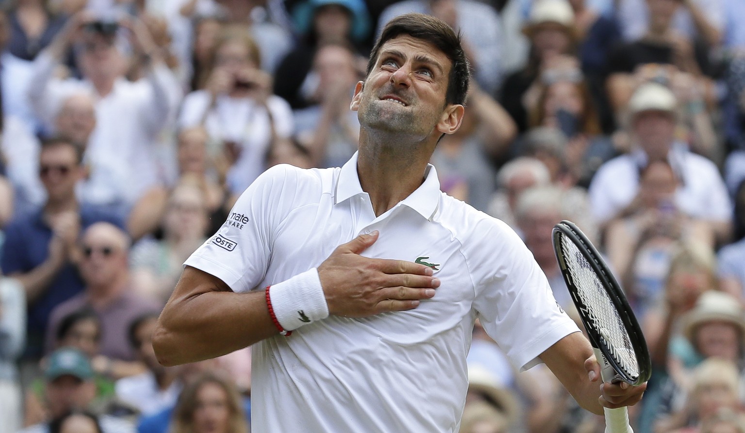 Serbia&#039;s Novak Djokovic celebrates defeating Switzerland&#039;s Roger Federer in the men&#039;s singles final match of the Wimbledon Tennis Championships in London, Sunday, July 14, 2019. (AP Pho ...