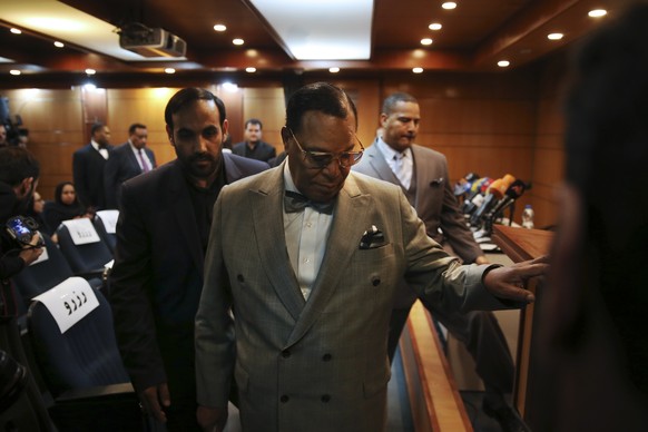 Minister Louis Farrakhan, the leader of the Nation of Islam, arrives to his press conference, in Tehran, Iran, Thursday, Nov. 8, 2018. Farrakhan warned President Donald Trump not to pull &quot;the tri ...