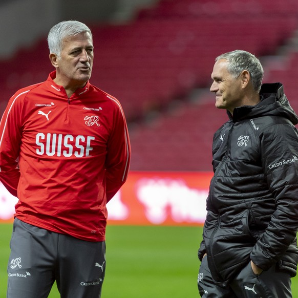 Switzerland&#039;s head coach Vladimir Petkovic, left, and Pierluigi Tami, director of the national team, right, during a training session a day before the UEFA Euro 2020 qualifying Group D soccer mat ...