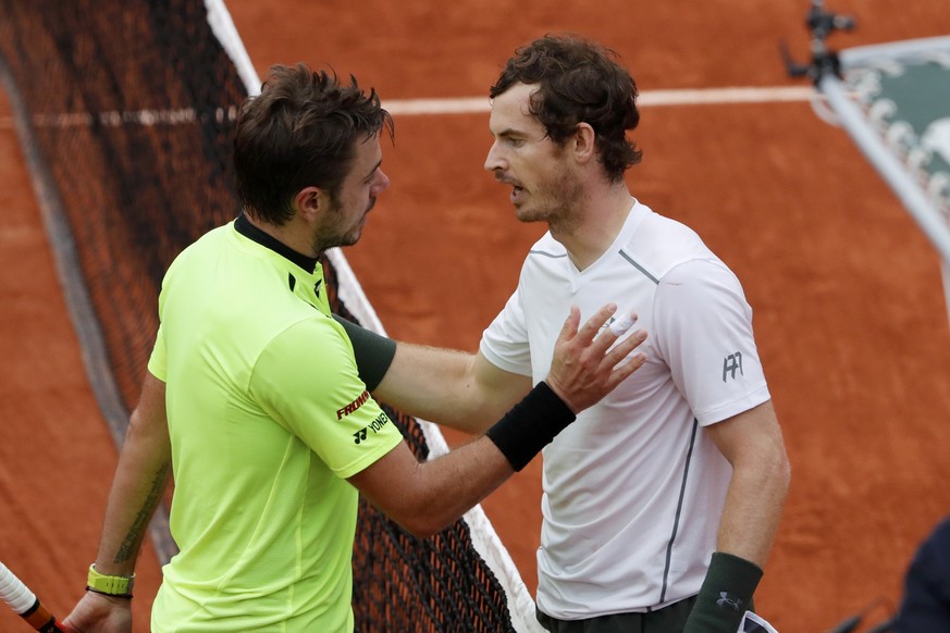 Tennis - French Open Mens Singles Semifinal match - Roland Garros - Stan Wawrinka of Switzerland vs Andy Murray of Britain - Paris, France - 03/06/16. Andy Murray shakes hands after beating Stan Wawri ...