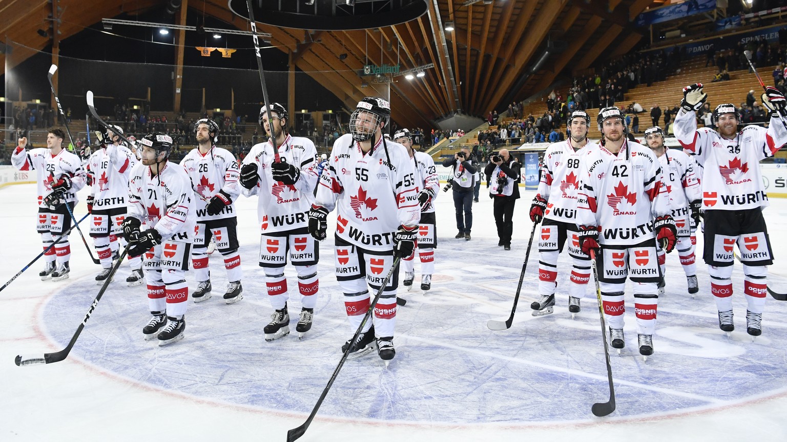 Team Canada celebrates after winning the game between HK Dinamo Minsk and Team Canada at the 90th Spengler Cup ice hockey tournament in Davos, Switzerland, Friday, December 30, 2016. (KEYSTONE/Gian Eh ...