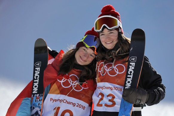 From left; Gold medal winner Sarah Hoefflin, of Switzerland, and silver medal winner Mathilde Gremaud, of Switzerland, celebrate after the women&#039;s slopestyle finals at Phoenix Snow Park at the 20 ...