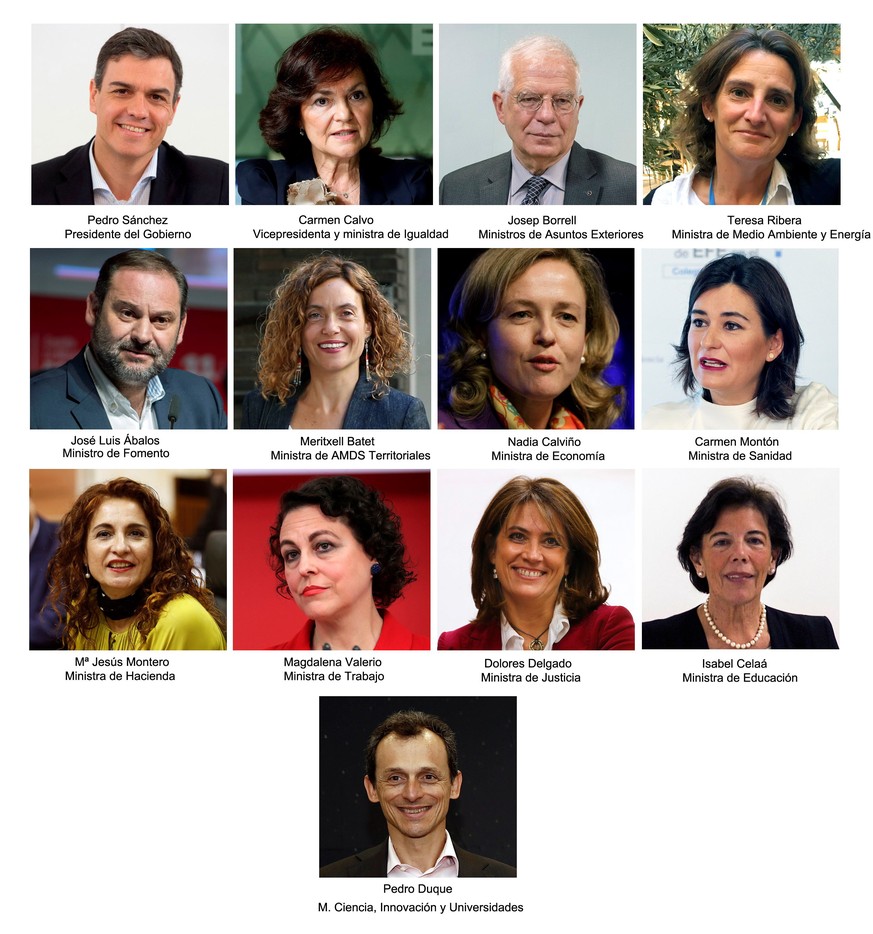 epa06788909 (FILE) - A composite photo released on 06 June 2018 of Spanish ministers appointed by new Spanish Prime Minister Pedro Sanchez. The Cabinet is made up by nine women and three men. Sanchez  ...