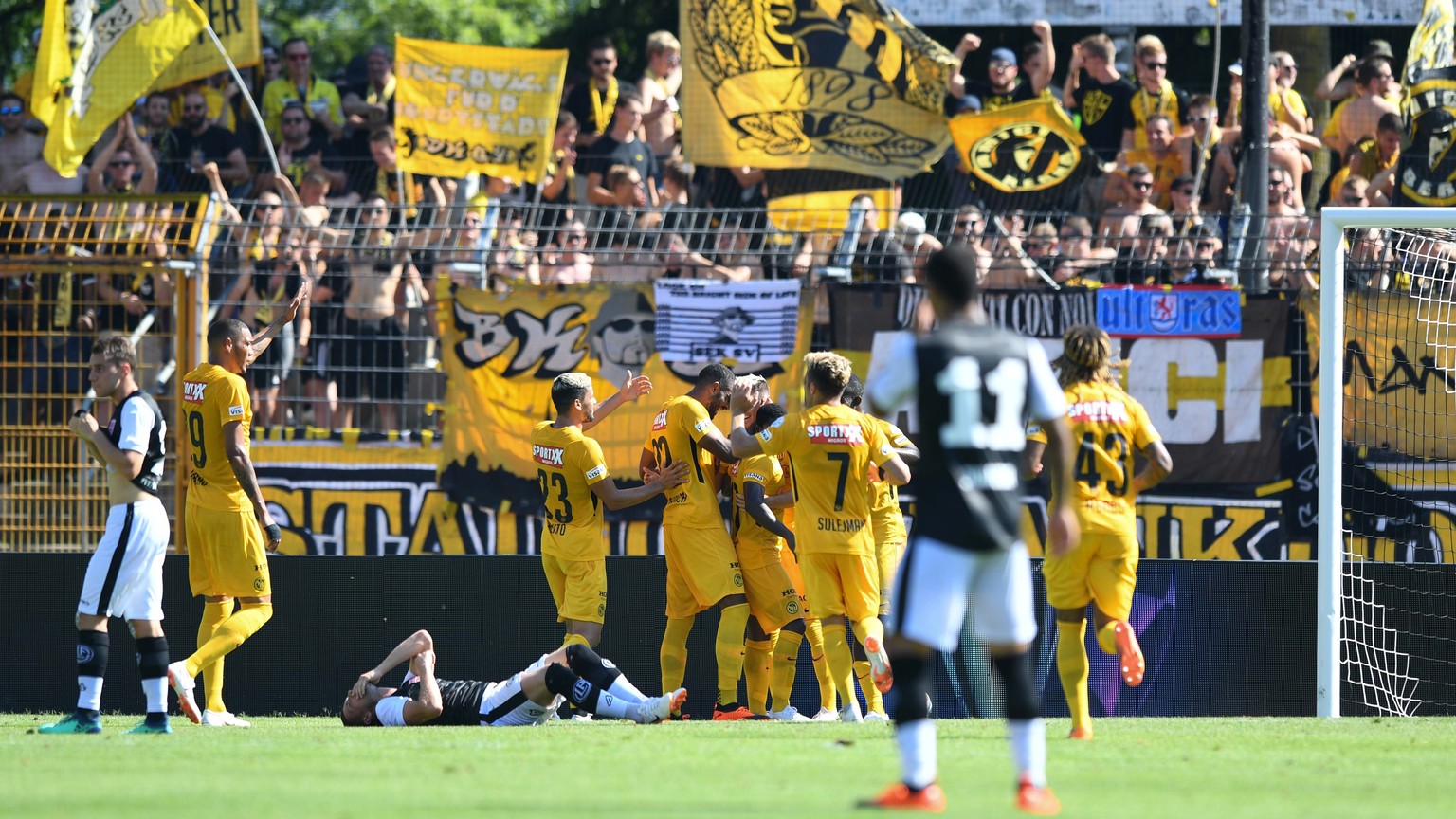 Young Boys&#039;s players celebrate the 0-1 during the Super League soccer match FC Lugano against BSC Young Boys, at the Cornaredo stadium in Lugano, Sunday, July 29, 2018. (KEYSTONE/Ti-Press/Davide  ...