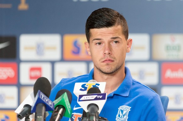 epa04863755 Lech Poznan&#039;s player Darko Jevtic attends a press conference in Poznan, Poland, 28 July 2015. Lech Poznan will face FC Basel in the UEFA Champions League third qualifying round first  ...