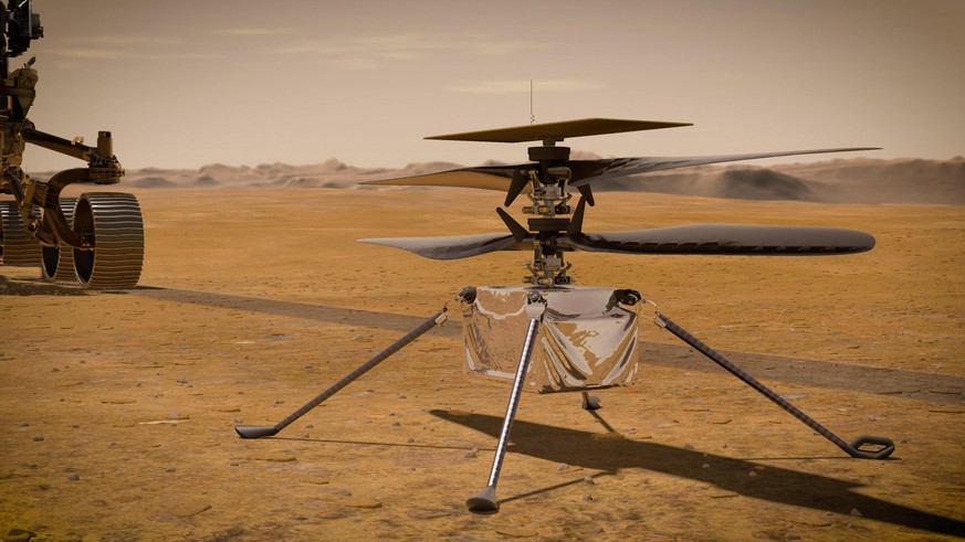 This illustration made available by NASA depicts the Ingenuity Mars Helicopter on the red planet&#039;s surface near the Perseverance rover, left. NASA is upping the ante with its newest rover headed  ...